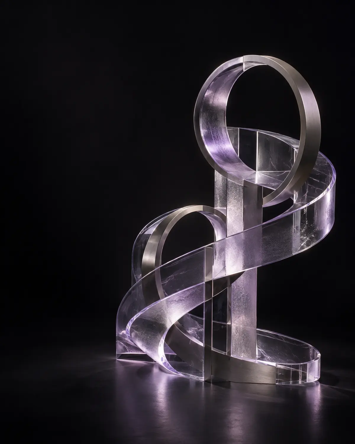 An interlocking glass and metal sculpture representing a connected growth system